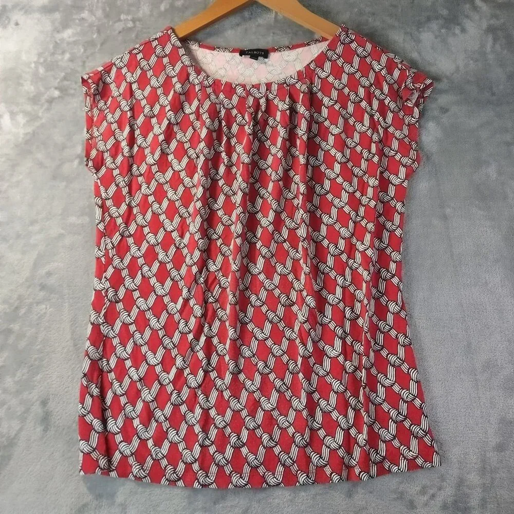 Talbots‎ Women Geometric Print Blouse XS Red Short Sleeve Rayon Career Classic